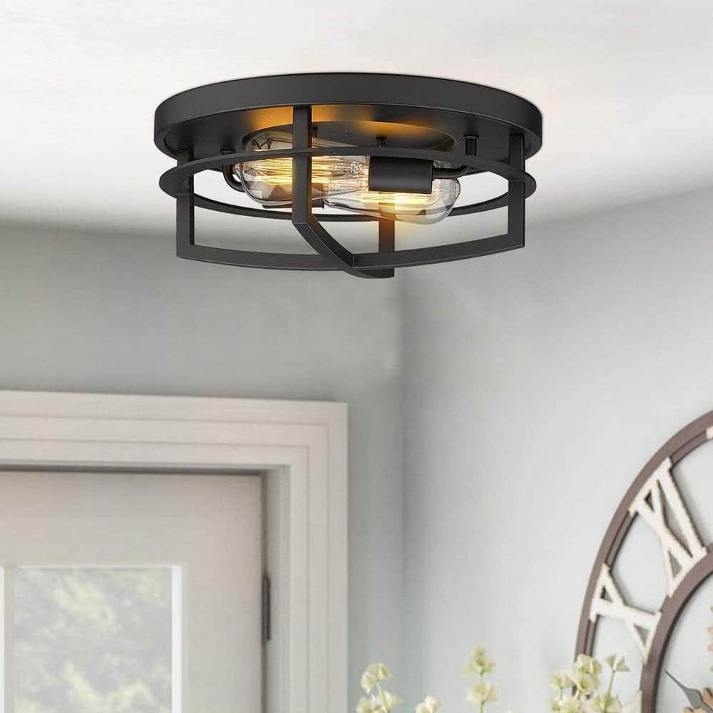 13 in. 2-Light Black Flush Mount with Metal Shade - Hercitys