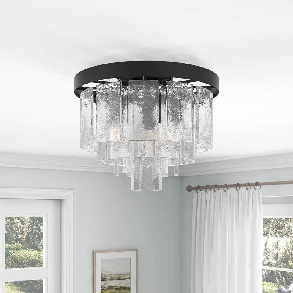 13 in. 3-Light Black Modern Flush Mount Close to Ceiling Light Fixture with Glass Shade - Hercitys
