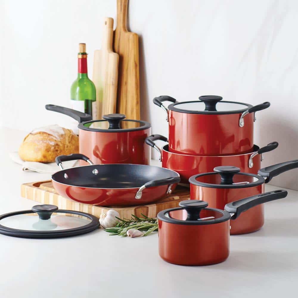 11-Piece Nesting Aluminum Nonstick Cookware Set in Red - Hercitys