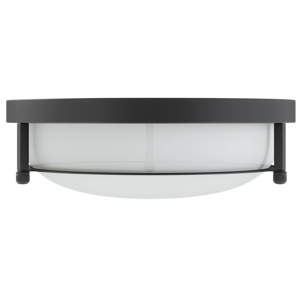 13 in. 2-Light Industrial Black Flush Mount Farmhouse Close to Ceiling Light Fixture with White Glass Shade - Hercitys