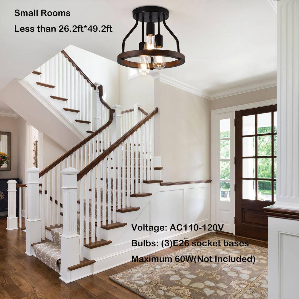 12.6 in. 3-Light Retro Farmhouse Simple Black Semi-Flush Mount Ceiling Light with Wooden Shade - Hercitys