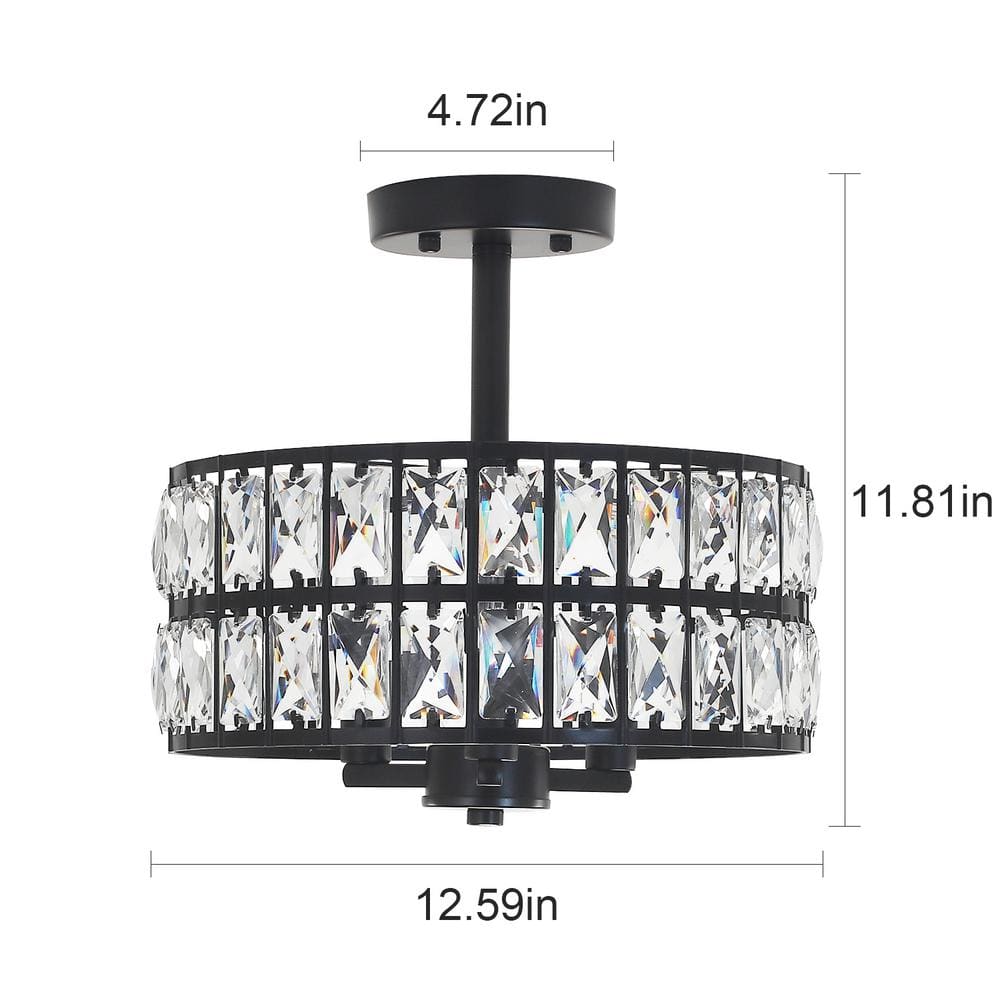 12.59 in. Koyal 3-Light Round Black Drum Chandelier Semi Flush Mount Ceiling Light with Clear Crystal Glass Drum Shade - Hercitys