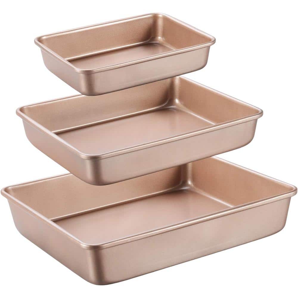 3-Piece Gold Carbon Steel Baking Pans Sets Nonstick, Baking Sheets for Oven Bakeware Rectangular Cake Pan - Hercitys