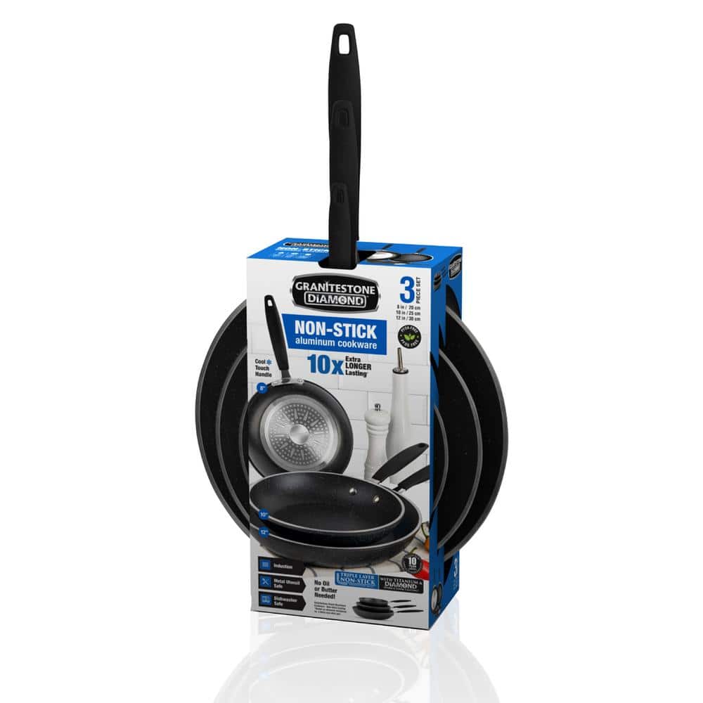 3-Piece Aluminum Nonstick Mineral and Diamond Triple Coated Frying Pan Set in Black (8 in., 10 in. and 12 in.) - Hercitys