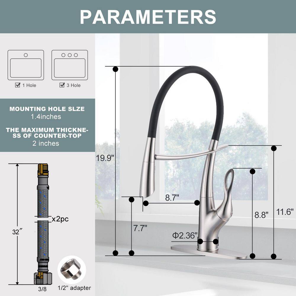 19.9 Magnetic 360 ° Spout Swivel Pull Down Sprayer Kitchen Faucet with Deckplate and Supply Line in Brushed Nickel - Hercitys