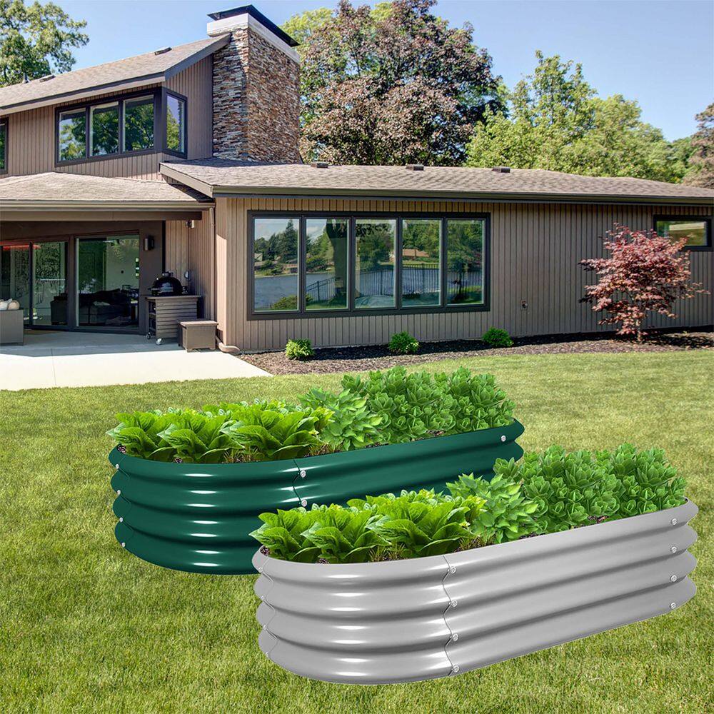 4 x 2 x 1 ft. Green Metal Oval Outdoor Galvanized Raised Garden Bed for Vegetables Flowers Herbs (2-Pack) - Hercitys