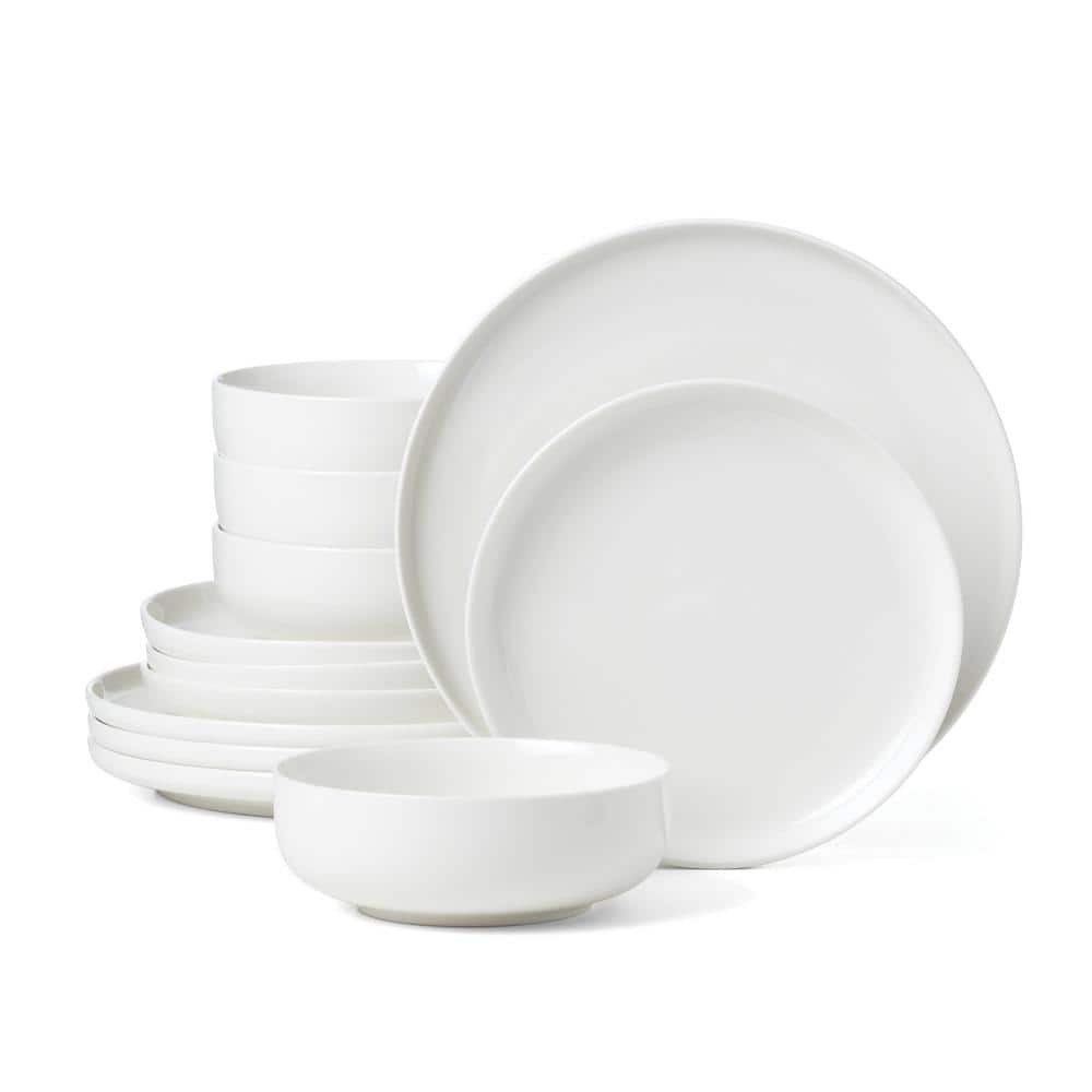 24 7 White 12-Piece White Porcelain Dinnerware (Set Service For 4) - Hercitys