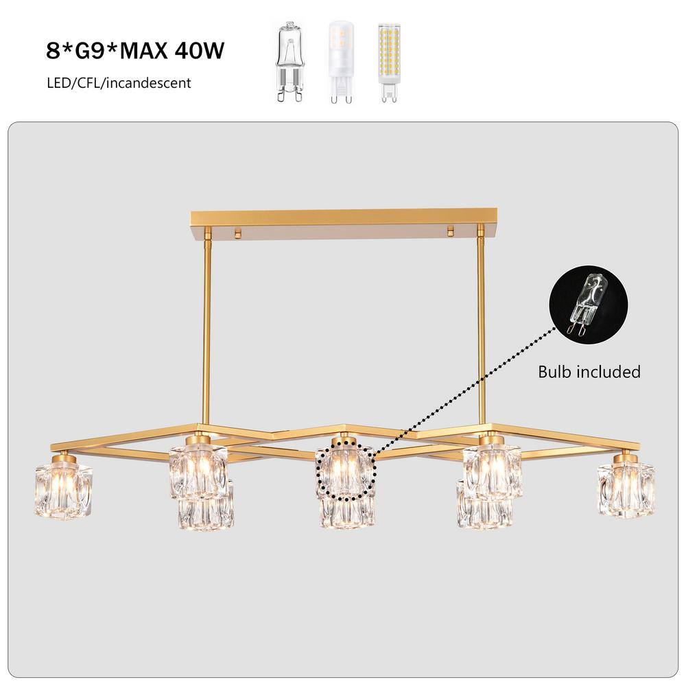 38.4 in. 8-Light Gold Modern Semi-Flush Mount Crystal Chandelier With Crystal Shade and 8-G9 Bulbs Included - Hercitys
