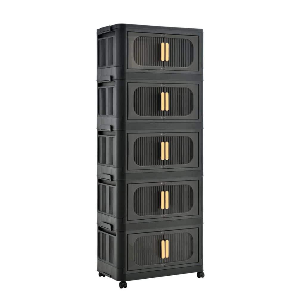 5 Tiers Kitchen Pantry, Folding Storage Cabinet, Collapsible Storage Bins with Magnetic Door and Wheels in Black - Hercitys