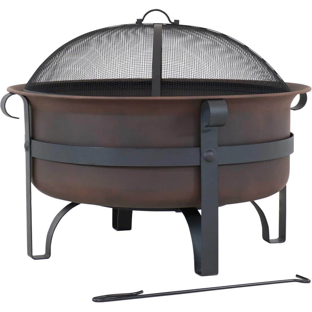 29 in. Round Steel Wood Burning Fire Pit with Cauldron Style and Spark Screen Set in Bronze - Hercitys