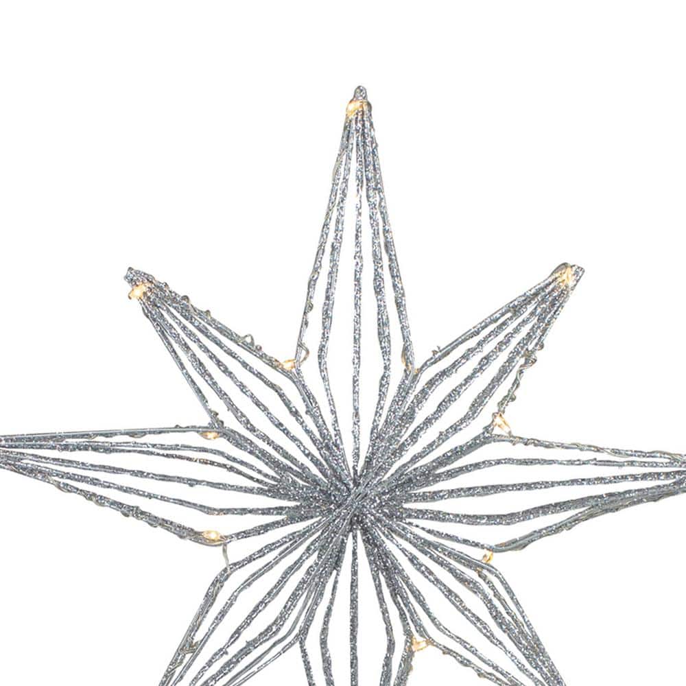 13.75 in. LED Lighted B/O Silver Glittered Geometric Star Tree Topper White Lights - Hercitys