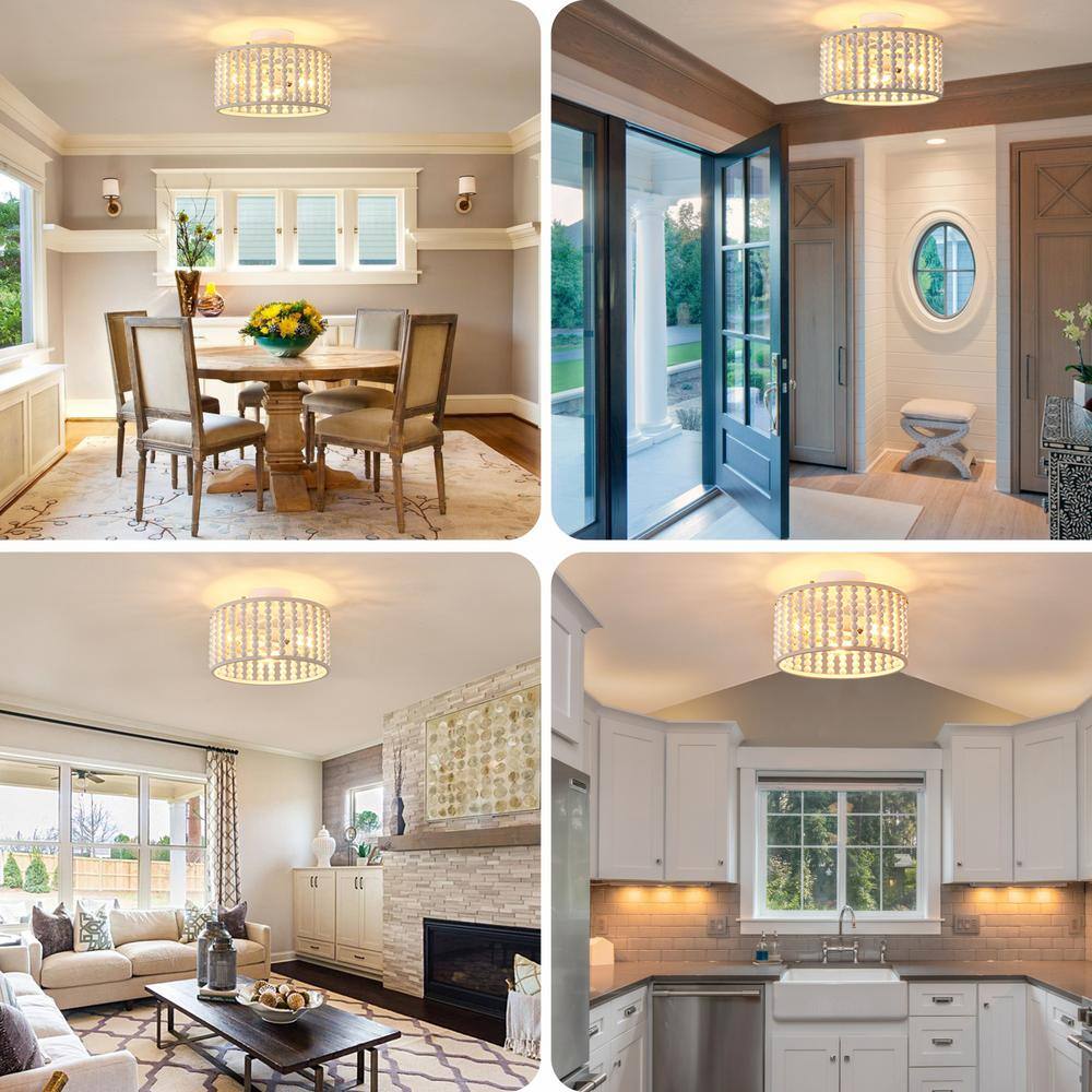 12.8 in. 3-Light White Semi Flush Mount Round Ceiling Light Fixture with Wood Bead and No Bulbs Included - Hercitys