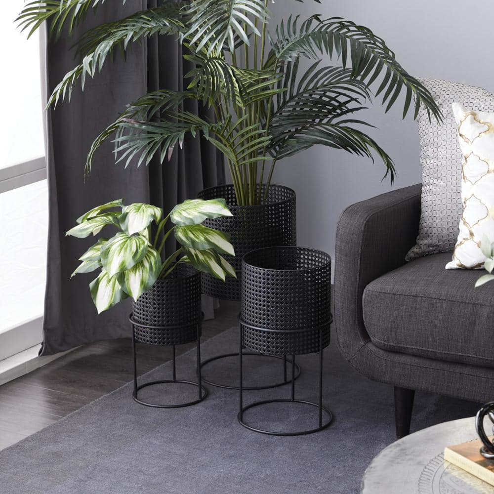 23 in., 19 in., and 15 in. Large Black Metal Indoor Outdoor Woven Planter with Removeable Stands (3- Pack) - Hercitys