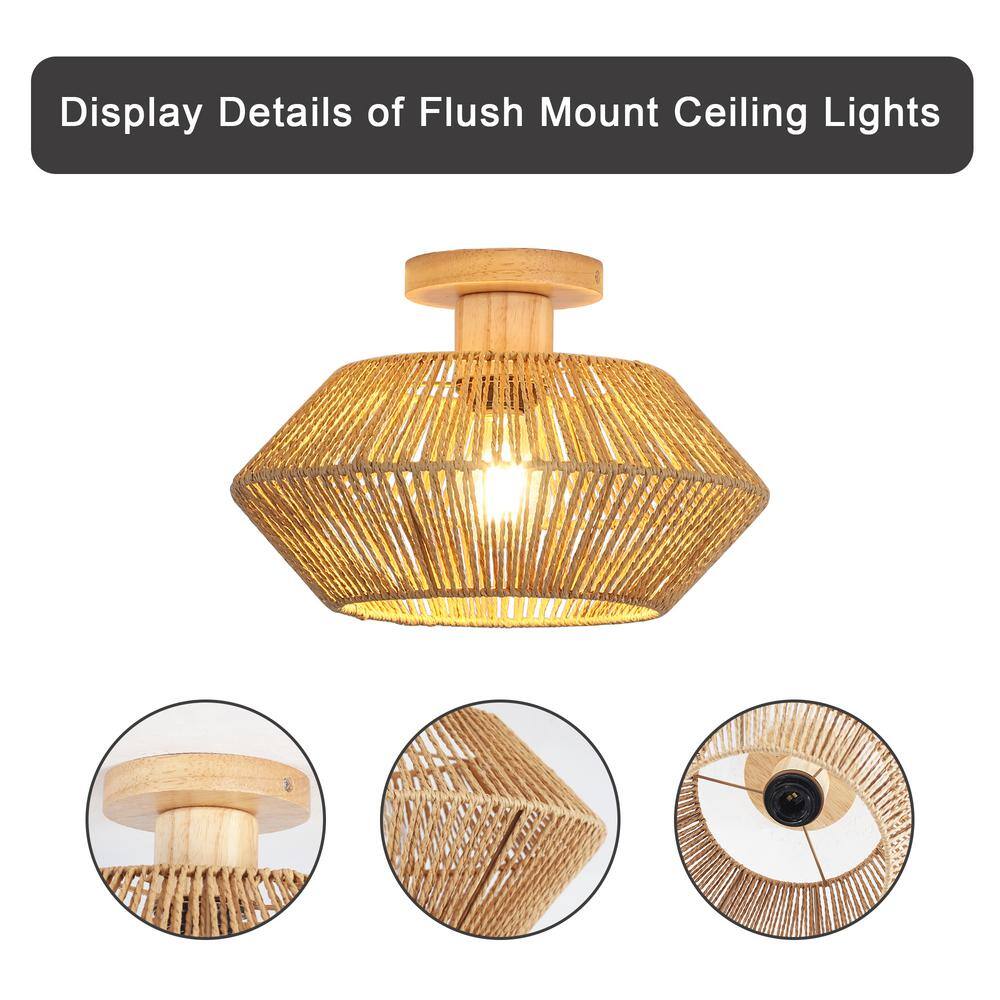 12.6 in. 1-Light Bohemian Woven Rattan Semi-Flush Mount Ceiling Light - Hercitys