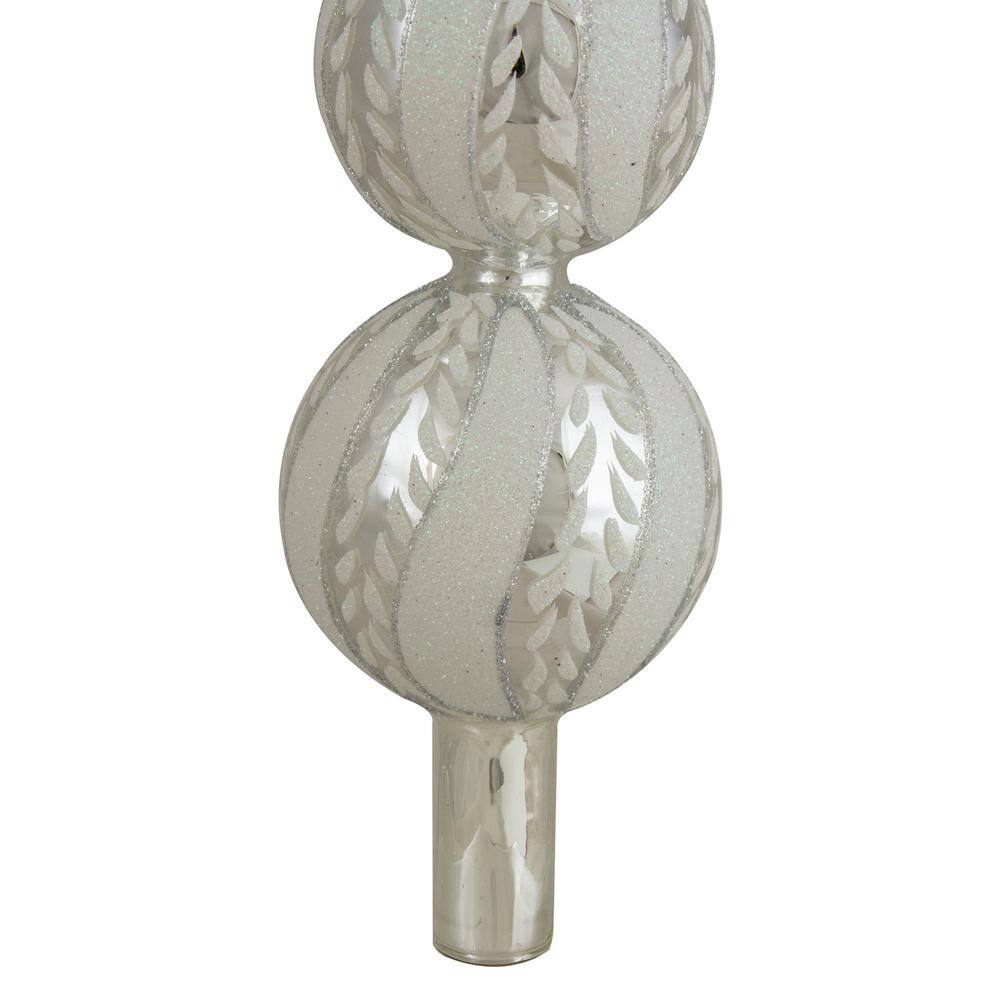 14.75 in. Silver and White Glitter Glass Finial Christmas Tree Topper - Hercitys