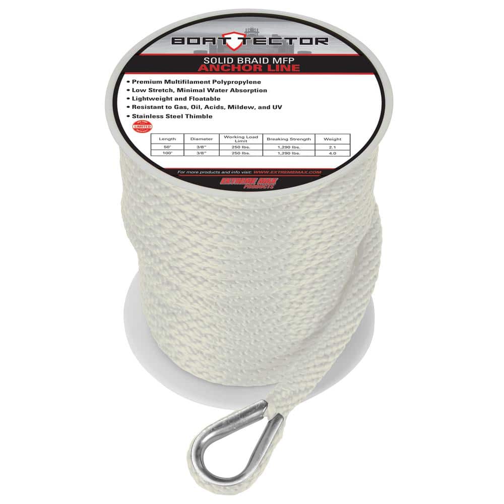 3/8 in. x 100 ft. BoatTector Solid Braid MFP Anchor Line with Thimble in White - Hercitys