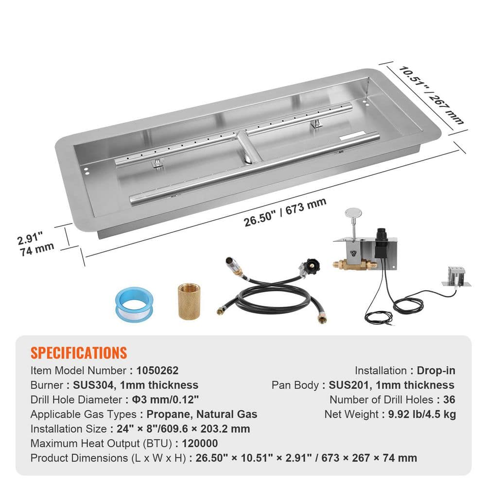24 x 8 in Drop-in Fire Pit Pan, Rectangular Stainless Steel Fire Pit Burner Kit, Propane Gas Fire Pan 120,000 BTU - Hercitys