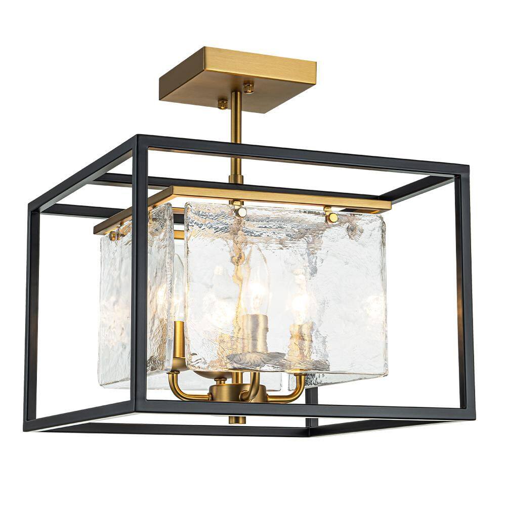 13.98 in. 4-Light Matte Black Industrial Semi-Flush Mount Ceiling Light Fixture With Hazy Textured Glass Shade - Hercitys