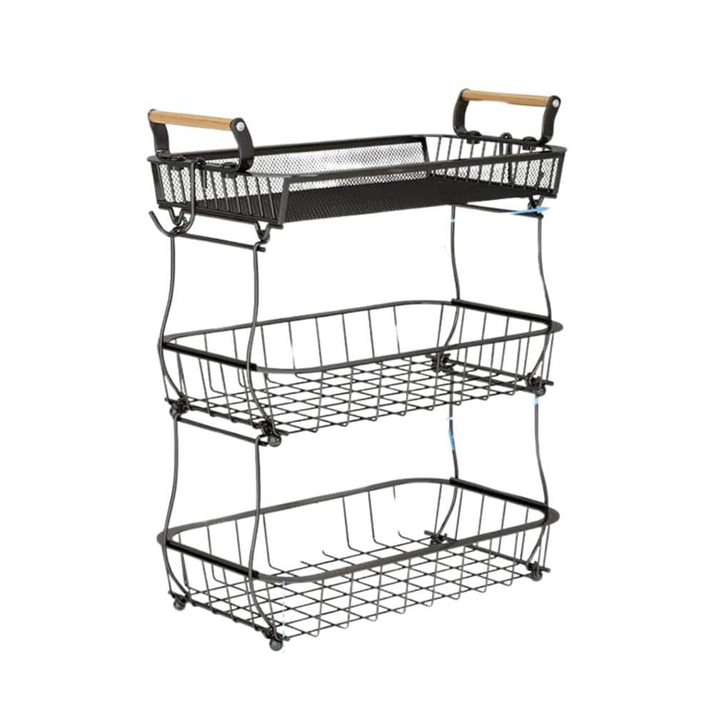 3 Tier Fruit Basket with 2 Banana Hangers for Kitchen Counter Metal Mesh Basket Fruits Stand in Black - Hercitys