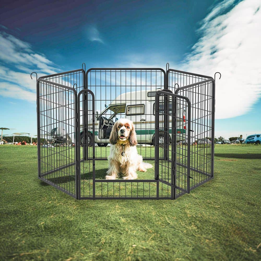 54 x 27 x 32 in. 6 Black Panels Metal Dog Playpen with door for Garden Fence Outdoor Pet Exercise Pen - Hercitys
