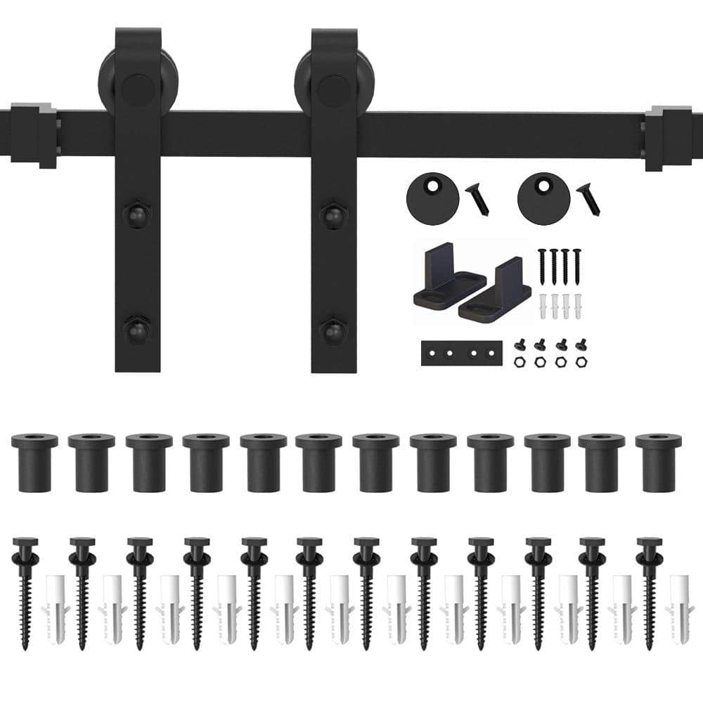 15 ft./180 in. Frosted Black Sliding Barn Door Hardware Track Kit for Single with Non-Routed Floor Guide - Hercitys