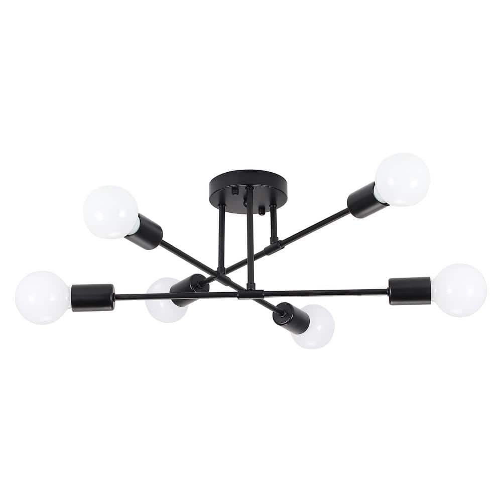 20.66 in. 6-Light Modern Matte Black Semi-Flush Mount for Bedroom Foyer with No Bulbs Included - Hercitys