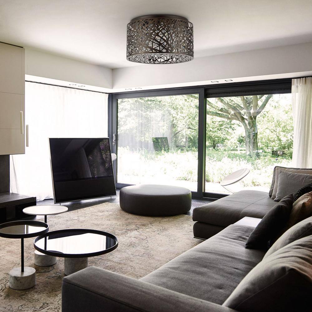 16 in. 7-Light Black Drum Flush Mount Crystal Chandelier with Nest Shaped Shade - Hercitys