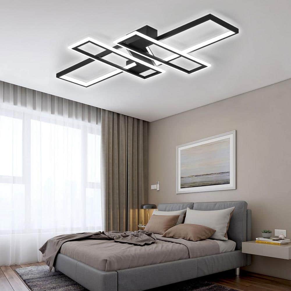35.4 in. 1-Light Black Modern Geometric Dimmable Selectable LED Semi-Flush Mount Ceiling Light with Remote - Hercitys