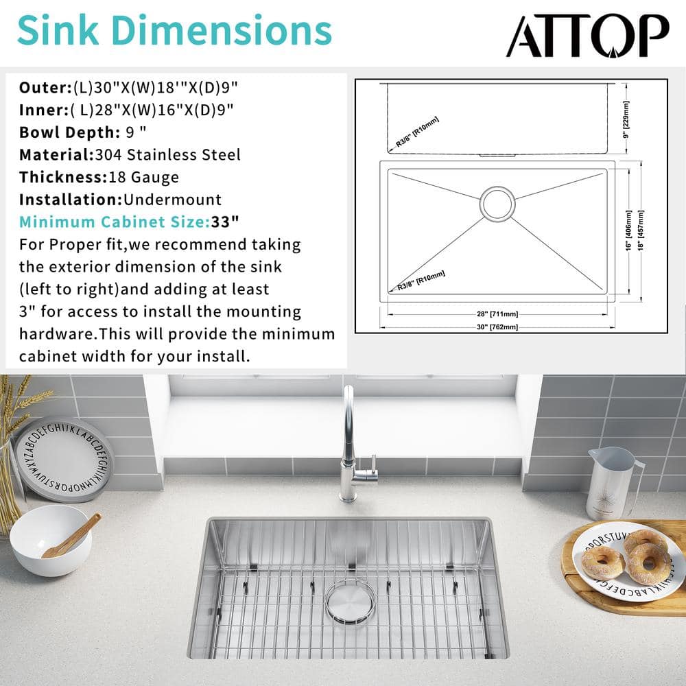 18- Gauge Stainless Steel 30 in. Single Bowl Undermount Kitchen Sink with Bottom Grid - Hercitys