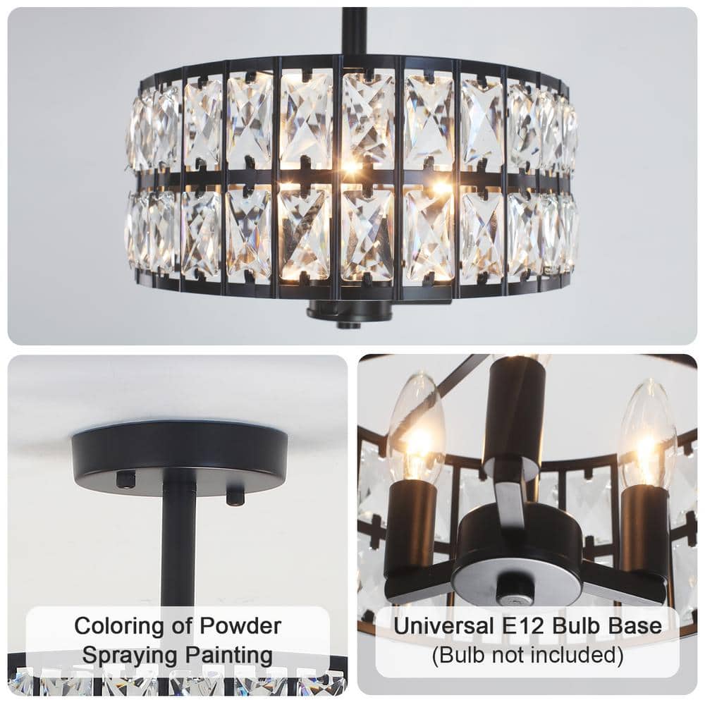 12.59 in. Koyal 3-Light Round Black Drum Chandelier Semi Flush Mount Ceiling Light with Clear Crystal Glass Drum Shade - Hercitys