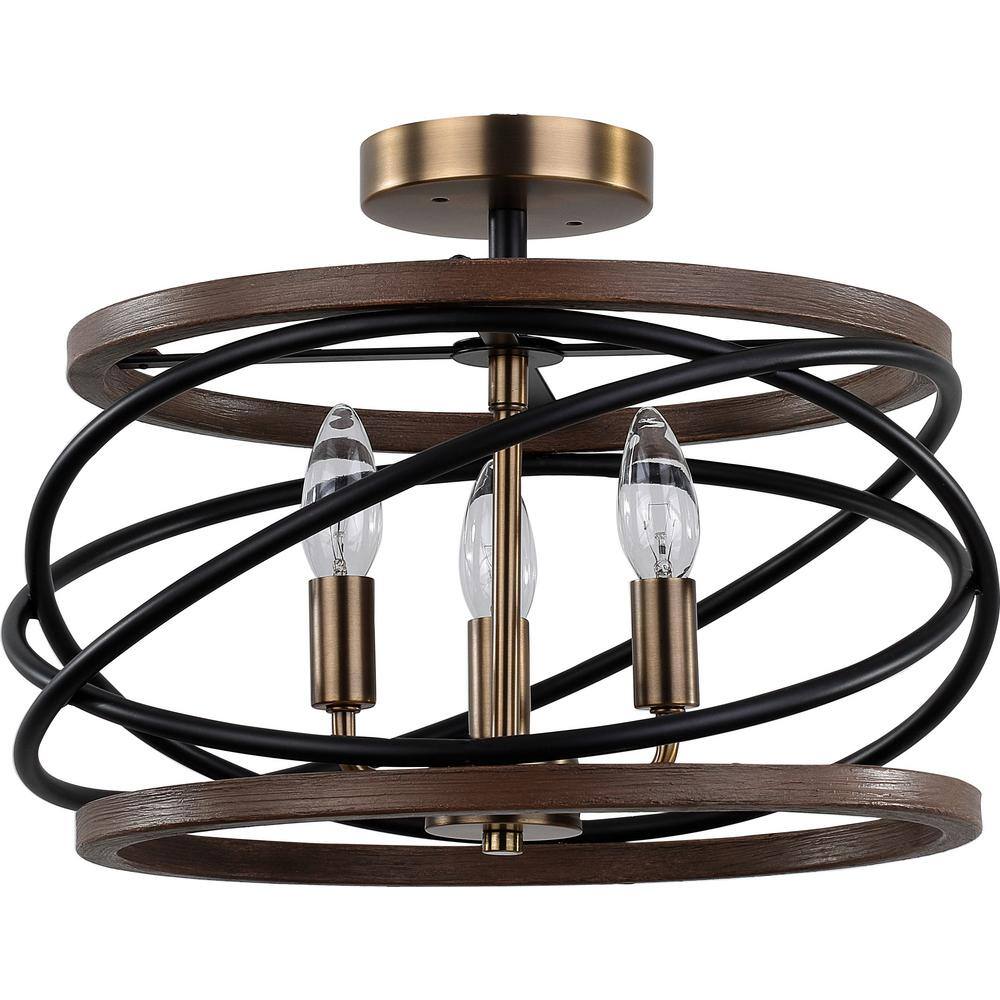 15.75 in. 3-Light Antique Gold and Walnut Ringed Candelabra Semi- Flush Mount - Hercitys