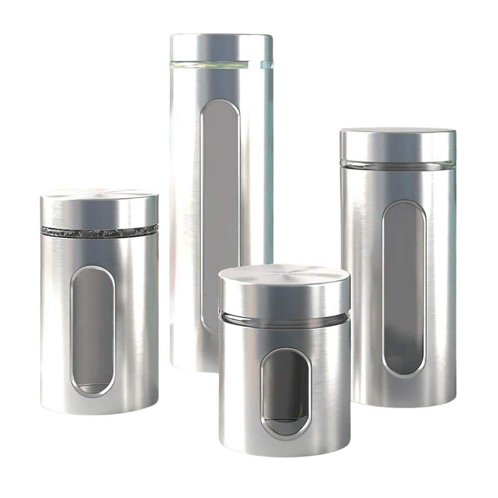 4 Piece Stainless Steel Canister Set for Kitchen Counter Glass Window and Airtight Lids, Food Storage Containers, Clear - Hercitys