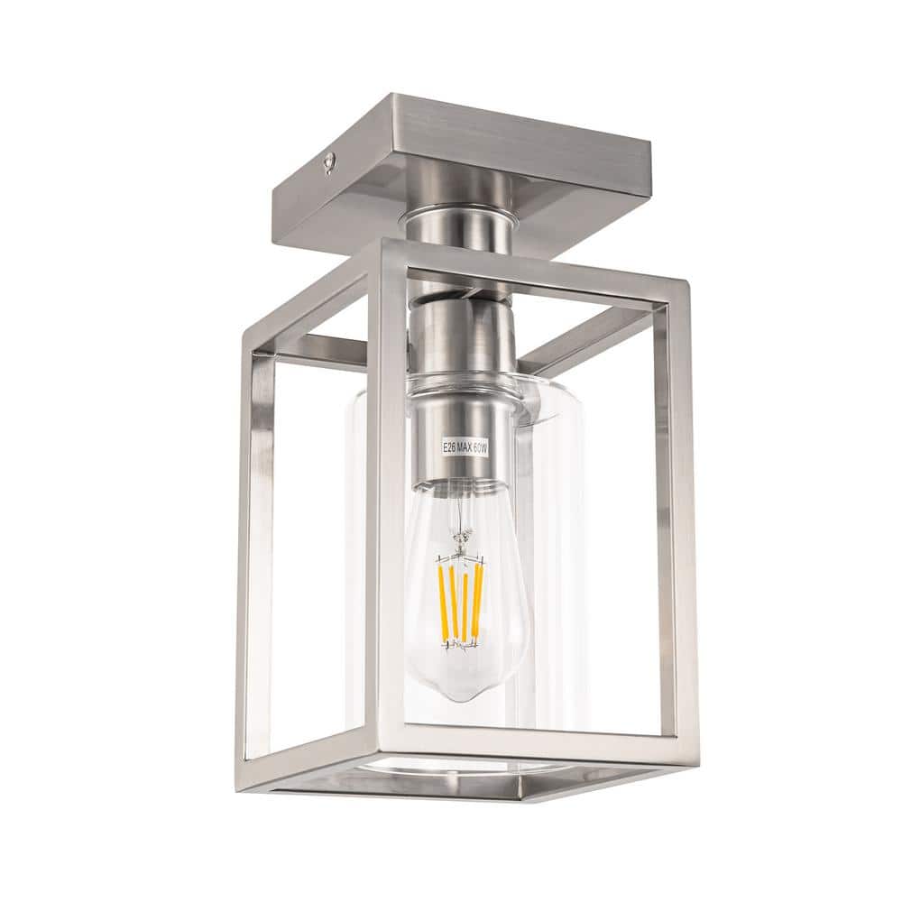 5.51 in. 1-Light Nickel Farmhouse Industrial Cage Semi Flush Mount with Glass Shade for Living Room, Bedroom, Foyer - Hercitys