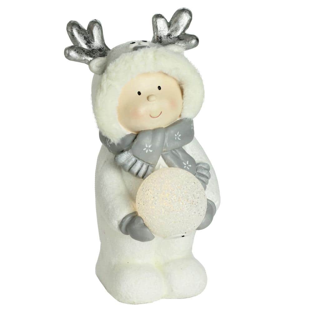 15.75 in. Smiling Child in White Snow Suit Holding LED Lighted Snowball Christmas - Hercitys