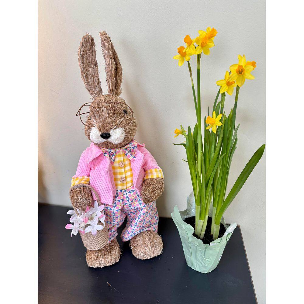 20 in Easter Tabletop Natural Sisal Standing Bunny Holding Basket of Flowers - Hercitys