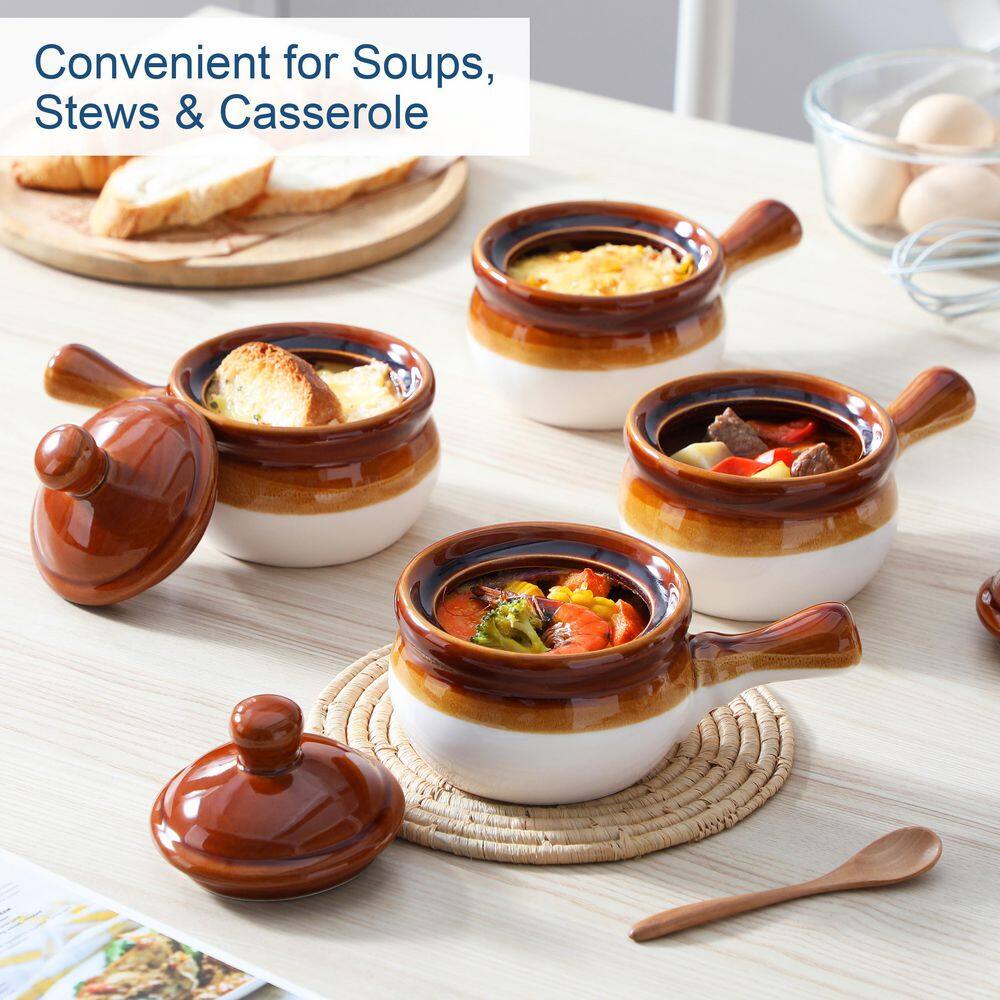 16 fl. oz. Brown and White Stoneware French Onion Soup Bowls Set of 4 Small Serving Bowls with Lid and Handle - Hercitys