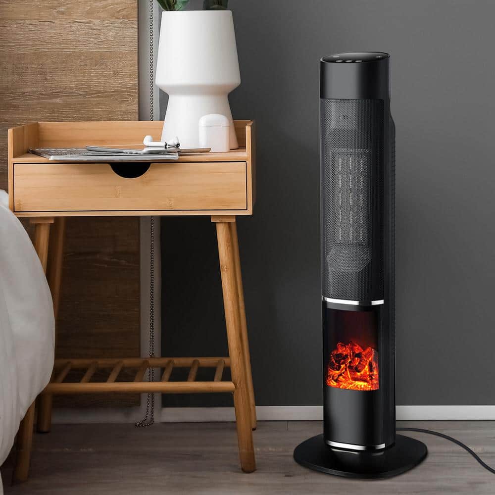 31-in. 1500-Watt Electric Radiant Infrared Tower Space Heater with Flame Feature in Black - Hercitys