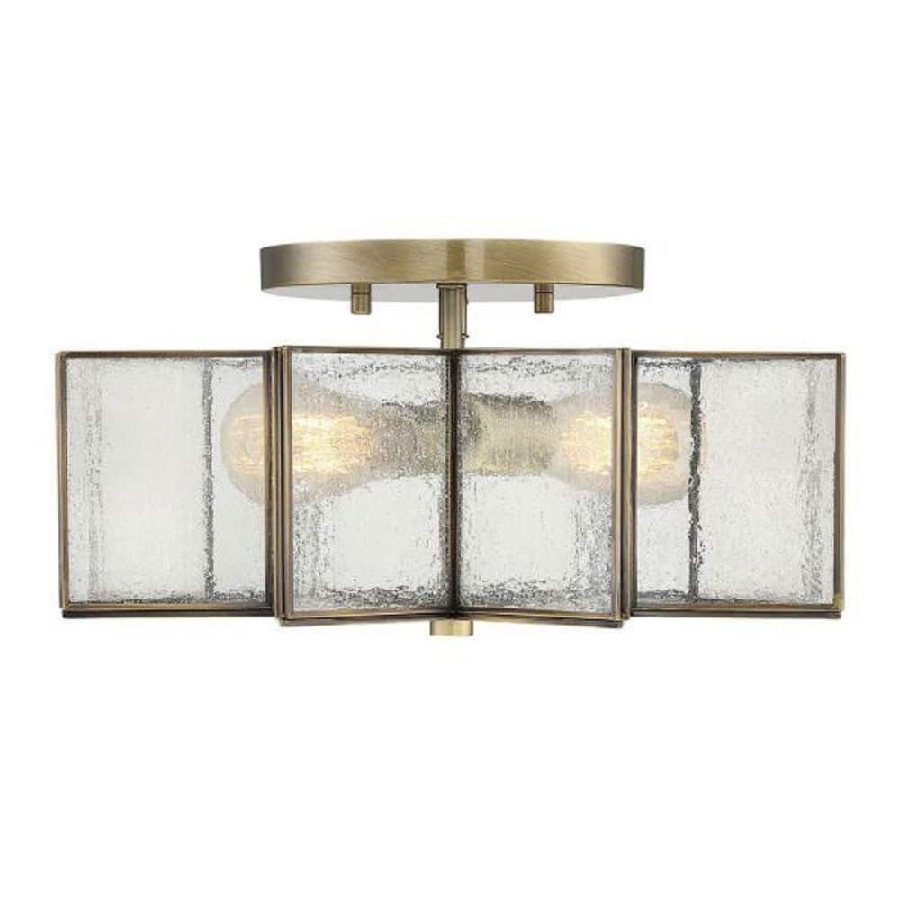 16 in. W x 7 in. H 2-Light Natural Brass Semi-Flush Mount Ceiling Light with Clear Seeded Glass Shade - Hercitys