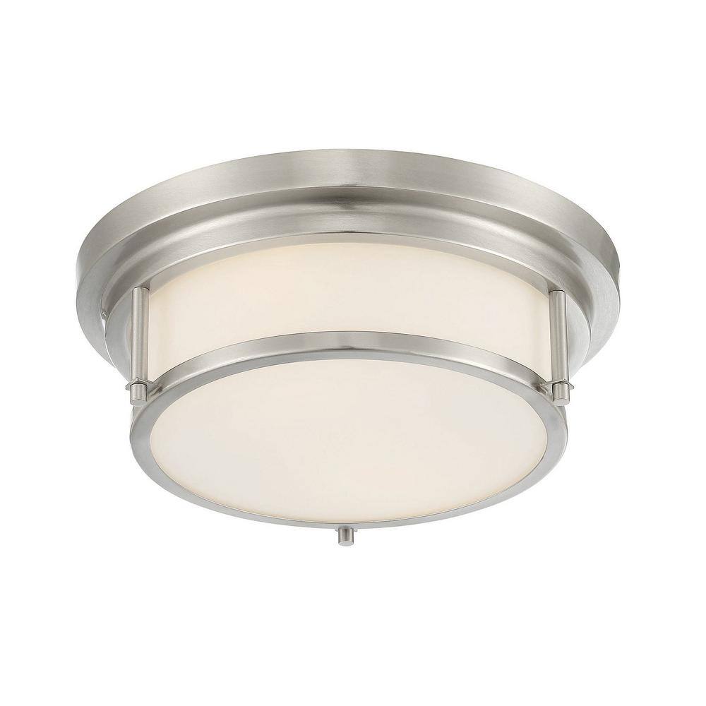 13 in. W x 4.5 in. H 2-Light Brushed Nickel Flush Mount Light with White Glass Cylindrical Shade - Hercitys