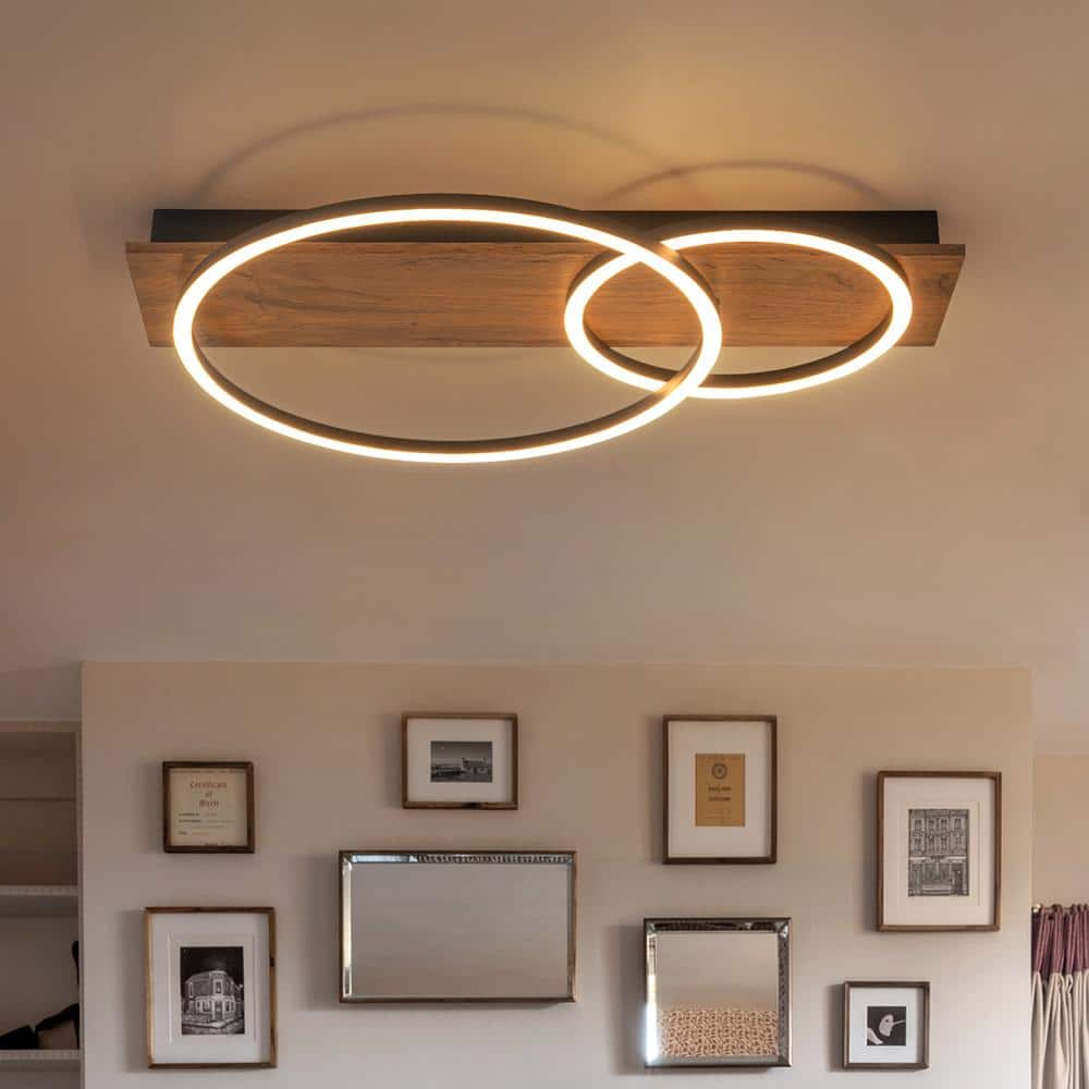 23.6 in. 2-Light Farmhouse Wood Integrated LED Flush Mount Ceiling Light - Hercitys