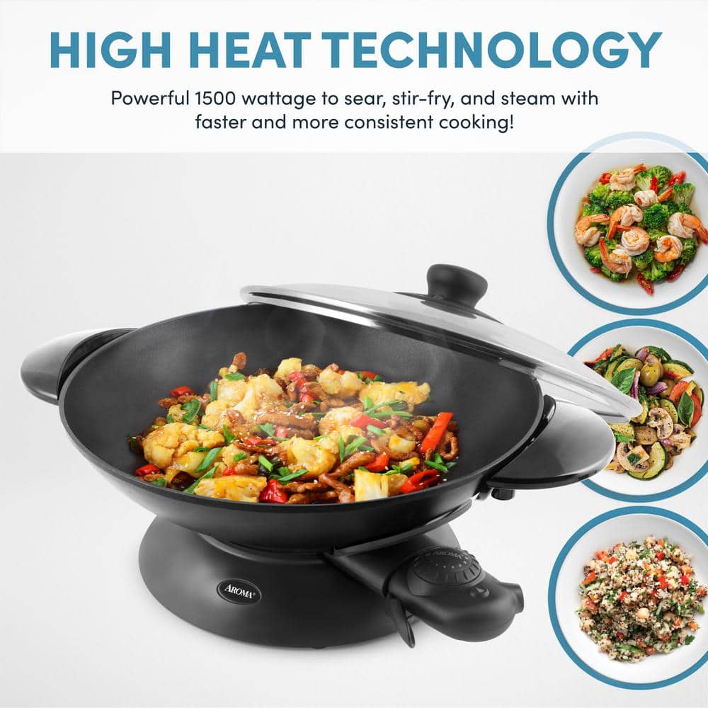 5 Qt. Black Cast Metal Non-Stick Electric Wok with Lid - Hercitys