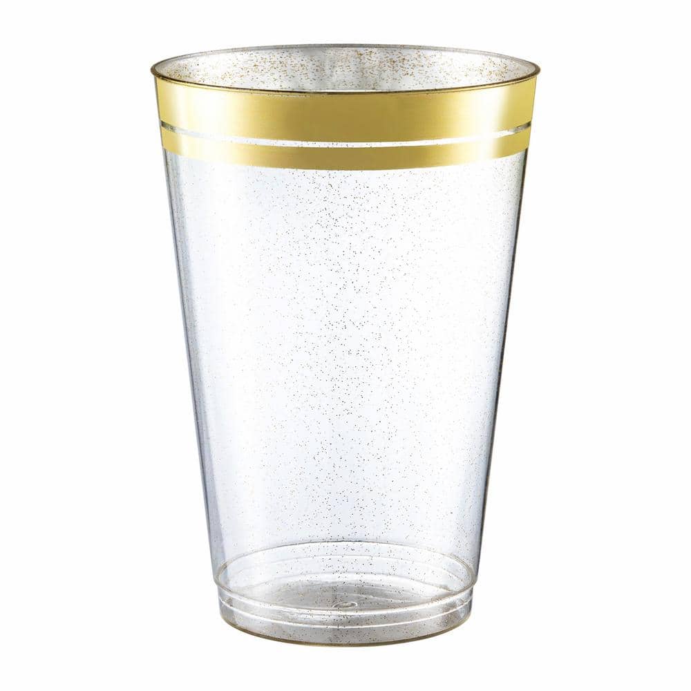 14 oz. 2 Line Gold Rim Gold Glitter Disposable Plastic Cups, Party, Cold Drinks, (100/Pack) - Hercitys