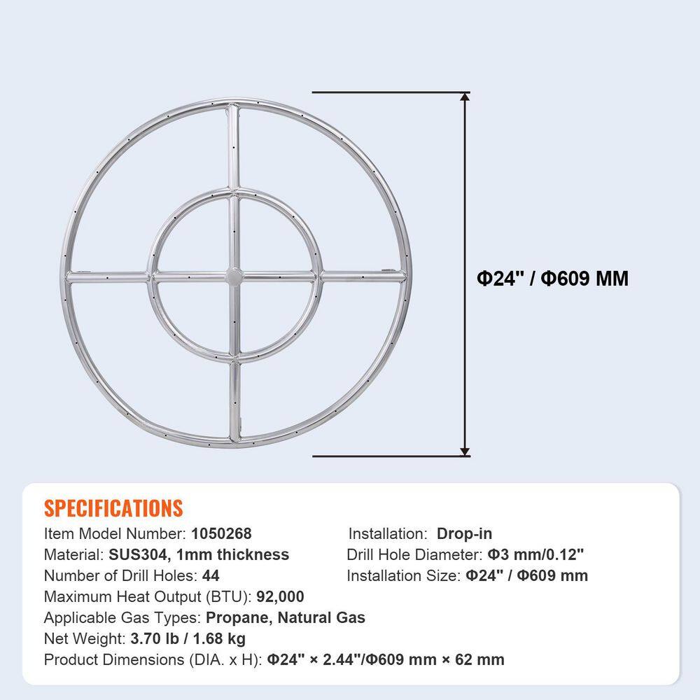24 in. Round Drop-in Fire Pit Pan, Stainless Steel Fire Pit Burner, Natural & Propane Gas Fire Pan 92,000 BTU - Hercitys