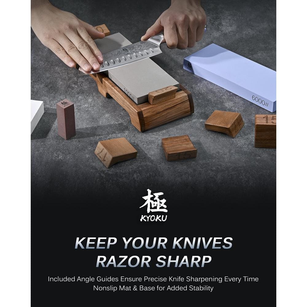1000 and 6000 Grit Sharpening Stone Aluminum Oxide Manual Whetstone Kit with Angle Guides, Wood Base, Rust Remover - Hercitys
