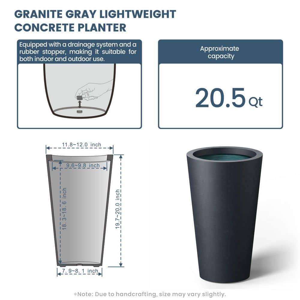 12 in. Large Granite Gray (Premium Inner) Concrete Round planter/Pot with Drainage Holes - Hercitys