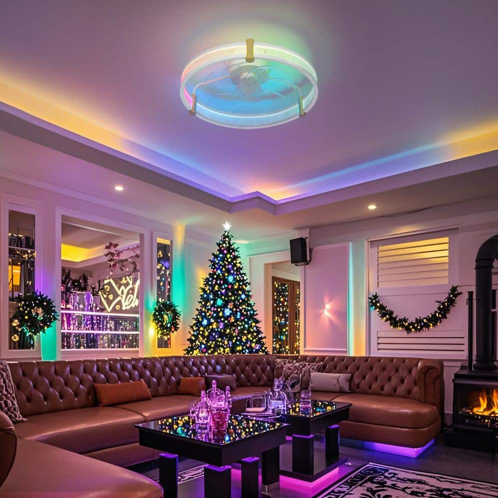 21 in. Smart LED Indoor White RGB Modern Low Profile Flush Mount Ceiling Fan with Light with Remote Control for Bedroom - Hercitys