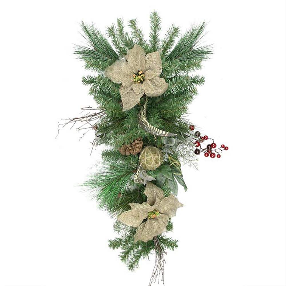 28 in. Unlit Autumn Harvest Burlap Poinsettia Moss Ball Mixed Pine and Berries Fall Teardrop Swag - Hercitys