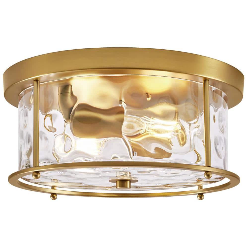 12.5 in. 2-Light Gold Flush Mount Water Ripple Glass Ceiling Light with Metal Frame - Hercitys