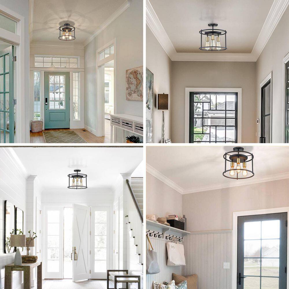 14 in. 3-Light Black and Gold Drum Cage Semi Flush Mount Light - Hercitys