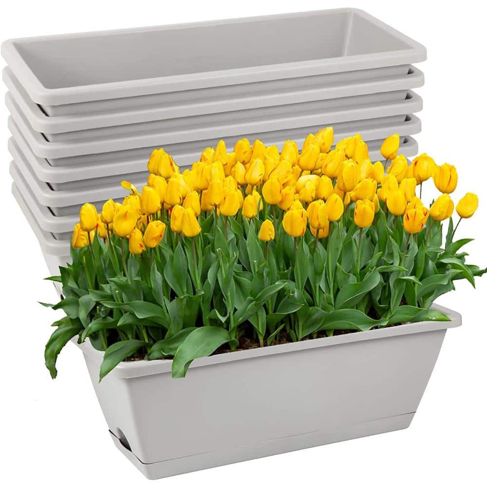 17 in. Plastic Window Box Planter Flower Window Boxes, Rectangle Planters Box with Drainage Holes and Trays (8-Pieces) - Hercitys